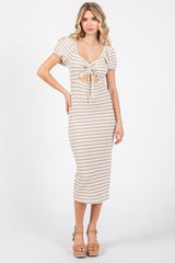 Grey Striped Drawstring Ruched Front Midi Dress