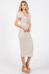 Grey Striped Drawstring Ruched Front Midi Dress