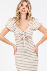 Grey Striped Drawstring Ruched Front Midi Dress