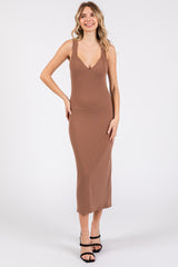 Mocha Ribbed Sweetheart Neck Maternity Midi Dress