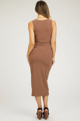 Mocha Ribbed Sweetheart Neck Maternity Midi Dress