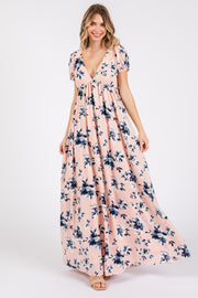 Light Pink Floral V-Neck Puff Sleeve Maxi Dress