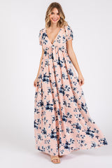 Light Pink Floral V-Neck Puff Sleeve Maternity Maxi Dress