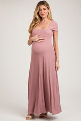 Mauve Ribbed Square Neck Short Sleeve Maternity Maxi Dress