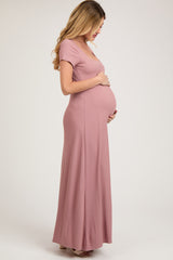 Mauve Ribbed Square Neck Short Sleeve Maternity Maxi Dress