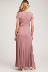 Mauve Ribbed Square Neck Short Sleeve Maternity Maxi Dress