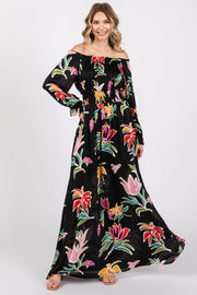 Black Floral Ruffle Neck Maxi Dress