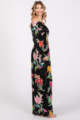 Black Floral Ruffle Neck Maxi Dress