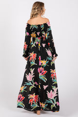 Black Floral Ruffle Neck Maxi Dress