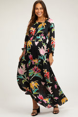 Black Floral Ruffle Neck Maternity Maxi Dress