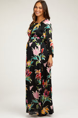 Black Floral Ruffle Neck Maternity Maxi Dress