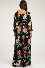 Black Floral Ruffle Neck Maternity Maxi Dress