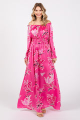 Fuchsia Floral Ruffle Neck Maternity Maxi Dress