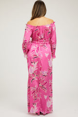 Fuchsia Floral Ruffle Neck Maternity Maxi Dress