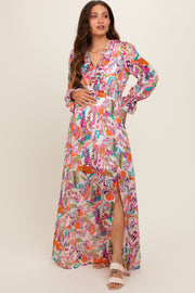 Pink Print Ruffle Long Sleeve Maternity Maxi Dress