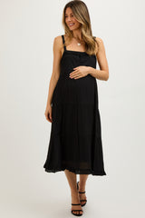 Black Sleeveless Button Tiered Maternity Midi Dress