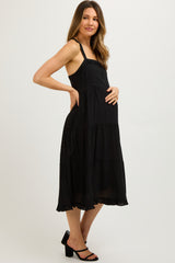 Black Sleeveless Button Tiered Maternity Midi Dress