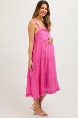 Fuchsia Sleeveless Button Tiered Maternity Midi Dress