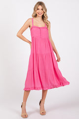 Fuchsia Sleeveless Button Tiered Maternity Midi Dress