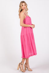 Fuchsia Sleeveless Button Tiered Midi Dress