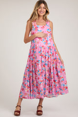 Pink Floral Sleeveless Tiered Maternity Maxi Dress