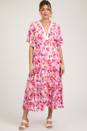 Fuchsia Multi-Color Floral Tiered Maternity Maxi Dress