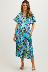 Blue Floral V-Neck Short Puff Sleeve Tie Waist Satin Maternity Midi Dress