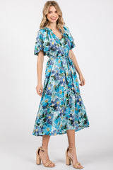 Blue Floral V-Neck Short Puff Sleeve Tie Waist Satin Midi Dress