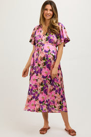 Violet Floral V-Neck Short Puff Sleeve Tie Waist Satin Maternity Midi Dress