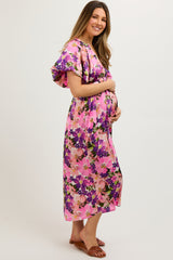 Violet Floral V-Neck Short Puff Sleeve Tie Waist Satin Maternity Midi Dress