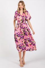 Violet Floral V-Neck Short Puff Sleeve Tie Waist Satin Maternity Midi Dress