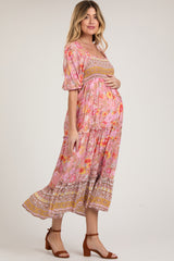 Pink Floral Smocked Half-Length Sleeves Maternity Midi Dress