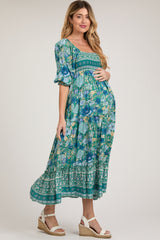 Teal Floral Smocked Half-Length Sleeves Maternity Midi Dress