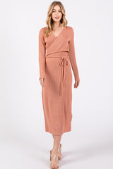 Rust Ribbed Long Sleeve Maternity Wrap Nursing Dress