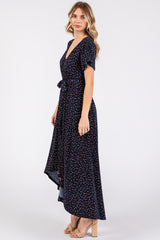 Navy Blue Wrap Front V-Neck Hi-Low Midi Dress