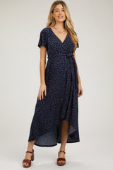 Navy Blue Wrap Front V-Neck Hi-Low Maternity Midi Dress