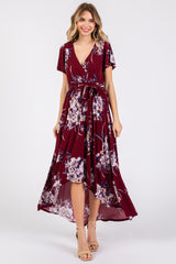 Burgundy Floral Print Wrap Front V-Neck Hi-Low Maternity Midi Dress