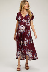 Burgundy Floral Print Wrap Front V-Neck Hi-Low Maternity Midi Dress