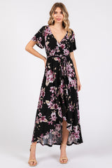 Black Floral Print Wrap Front V-Neck Hi-Low Midi Dress