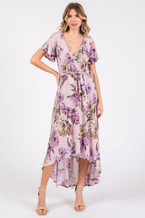 Purple Floral Print Wrap Front V-Neck Hi-Low Maternity Midi Dress