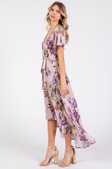 Purple Floral Print Wrap Front V-Neck Hi-Low Midi Dress