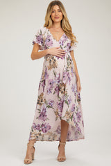 Purple Floral Print Wrap Front V-Neck Hi-Low Maternity Midi Dress