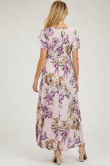 Purple Floral Print Wrap Front V-Neck Hi-Low Maternity Midi Dress