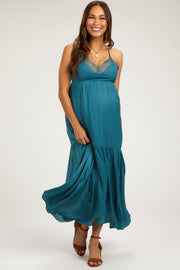 Teal Sleeveless Lace Tiered Maternity Maxi Dress