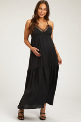 Black Sleeveless Lace Tiered Maternity Maxi Dress