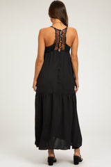 Black Sleeveless Lace Tiered Maternity Maxi Dress