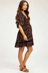 Black Floral Smocked Crochet Trim Maternity Dress