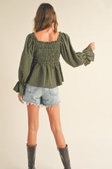 Olive Black Smocked Flounce Top