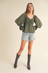 Olive Black Smocked Flounce Top