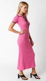 Pink Ribbed Knit Collared Button Front Dress